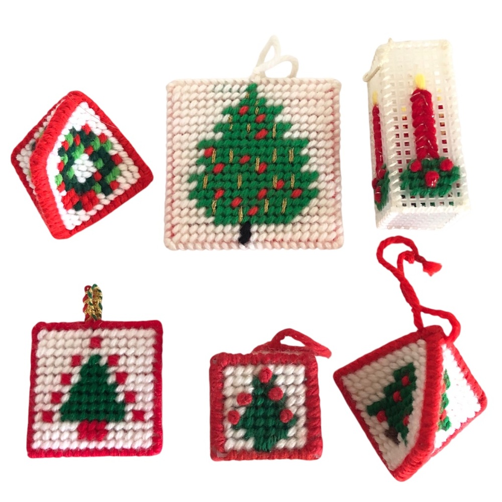 VINTAGE 70s 80s Lot of 6 Needlepoint Wreath Candle Tree Christmas Ornaments